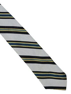 Vintage Blue White Black Gold Striped Slender Short Acetate Tie Necktie 2.5 x 52